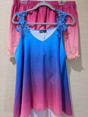 ChicMe 2XL Ombre Lounge Set Blue Pink Purple Tank Top Lace Straps Fringe Shorts